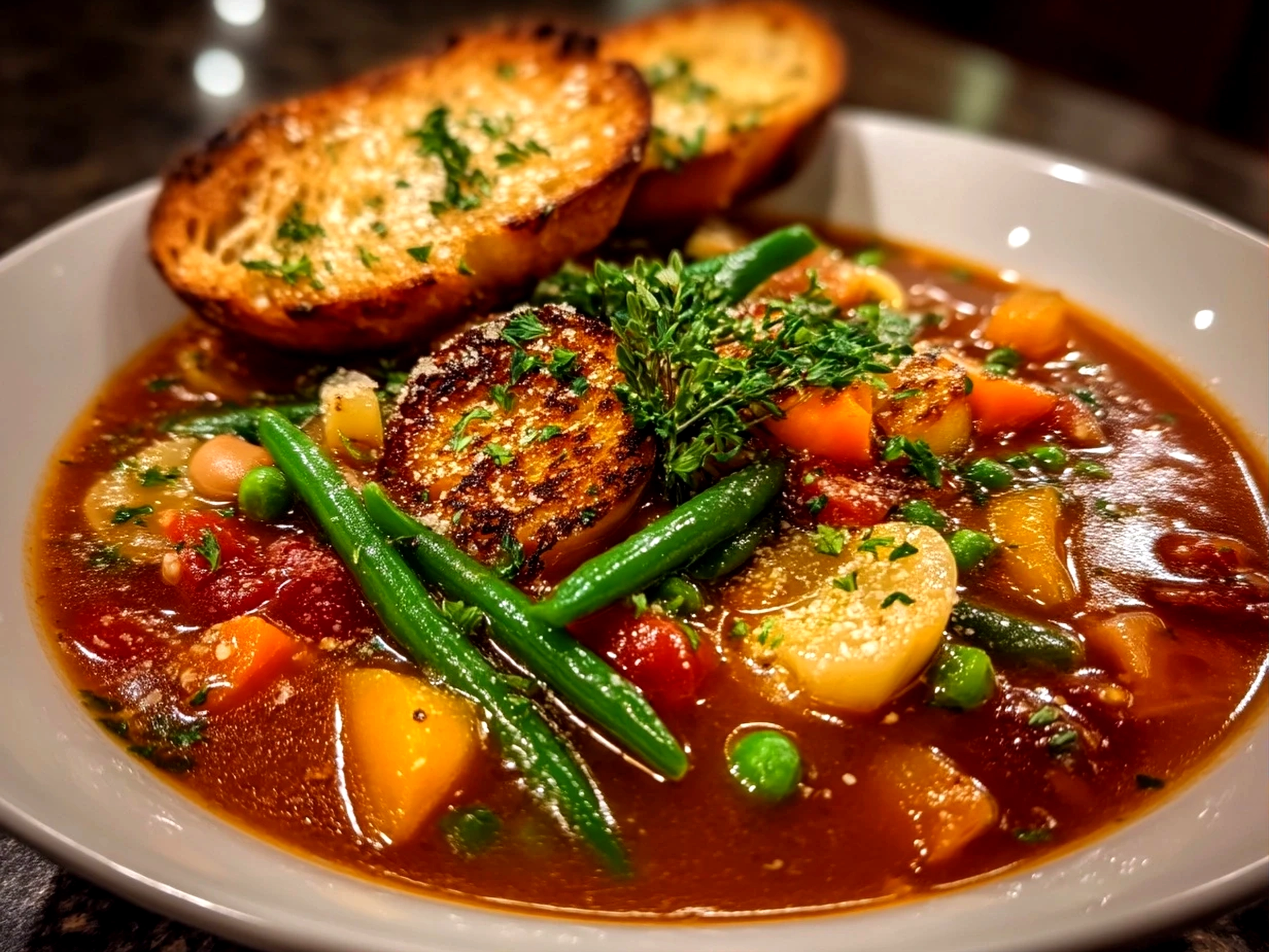 Slight angle close-up of finished Minestrone Soup served in a bowl garnished with fresh herbs