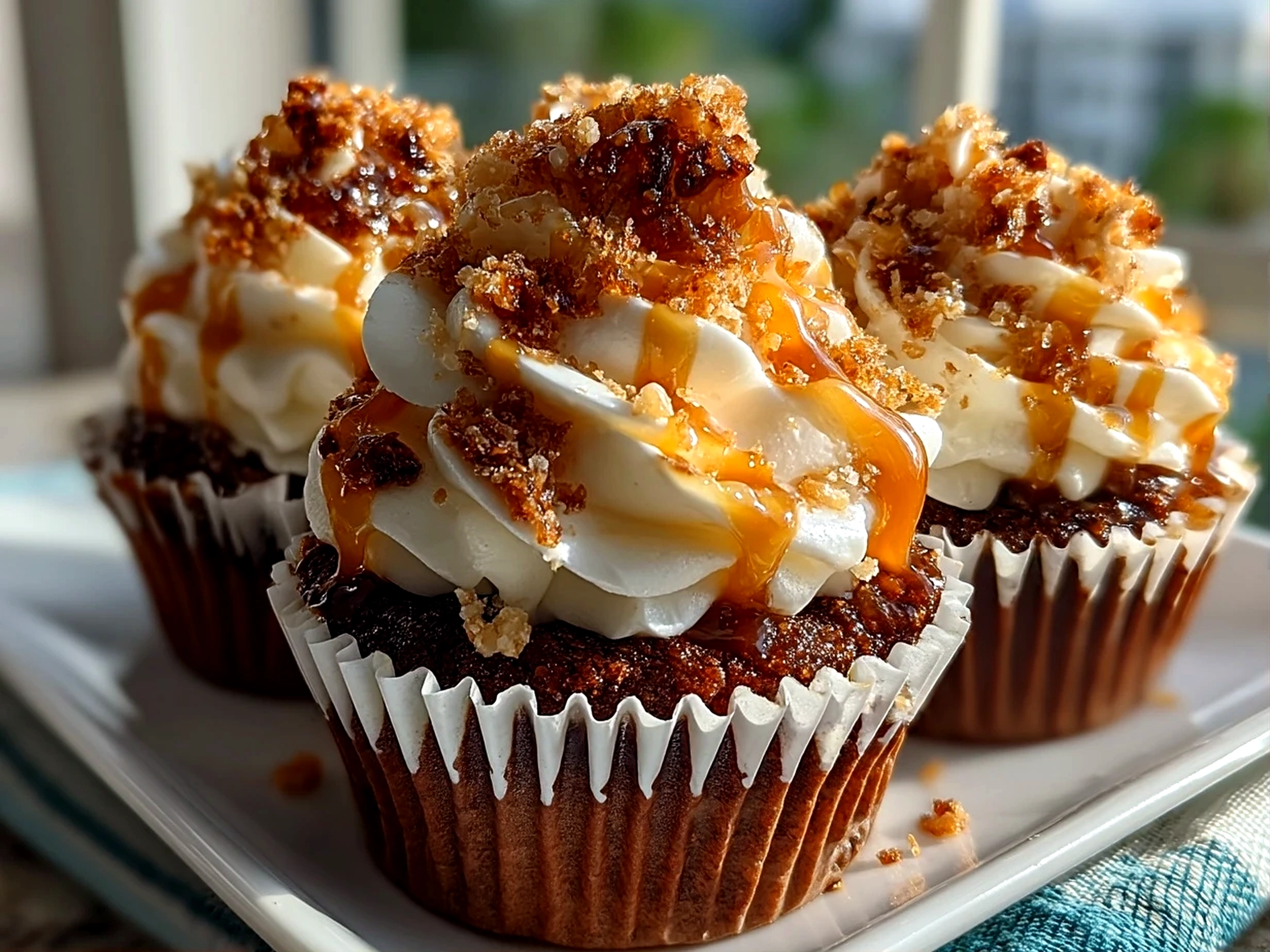 Close-up of finished Toffee Crunch Cupcakes with caramel toffee frosting and crunchy toppings