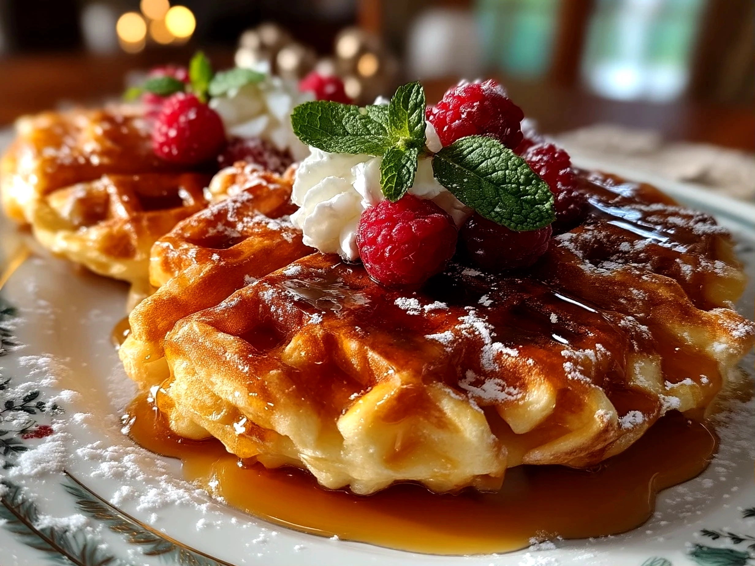 Slight angle close up of finished crispy Belgian waffles