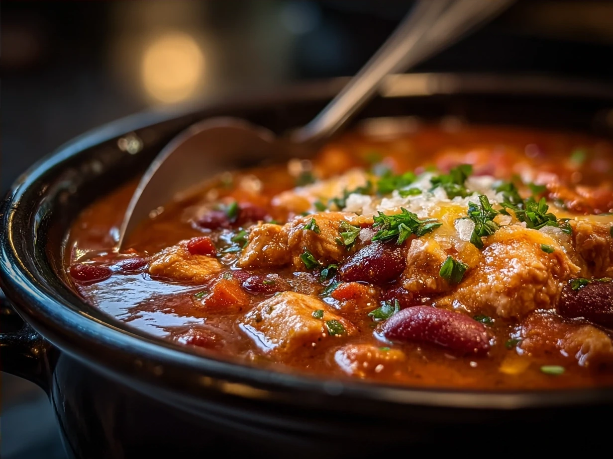 Bowl of Slow Cooker Buffalo Chicken Chili ready to serve