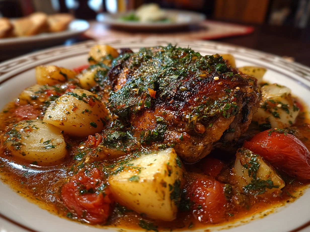 Delicious plated Slow Cooker Greek Chicken with herbs and feta ready to serve.