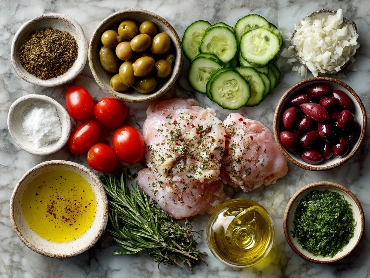 Ingredients for Slow Cooker Greek Chicken recipe including chicken thighs, garlic, lemons, herbs, olive oil.