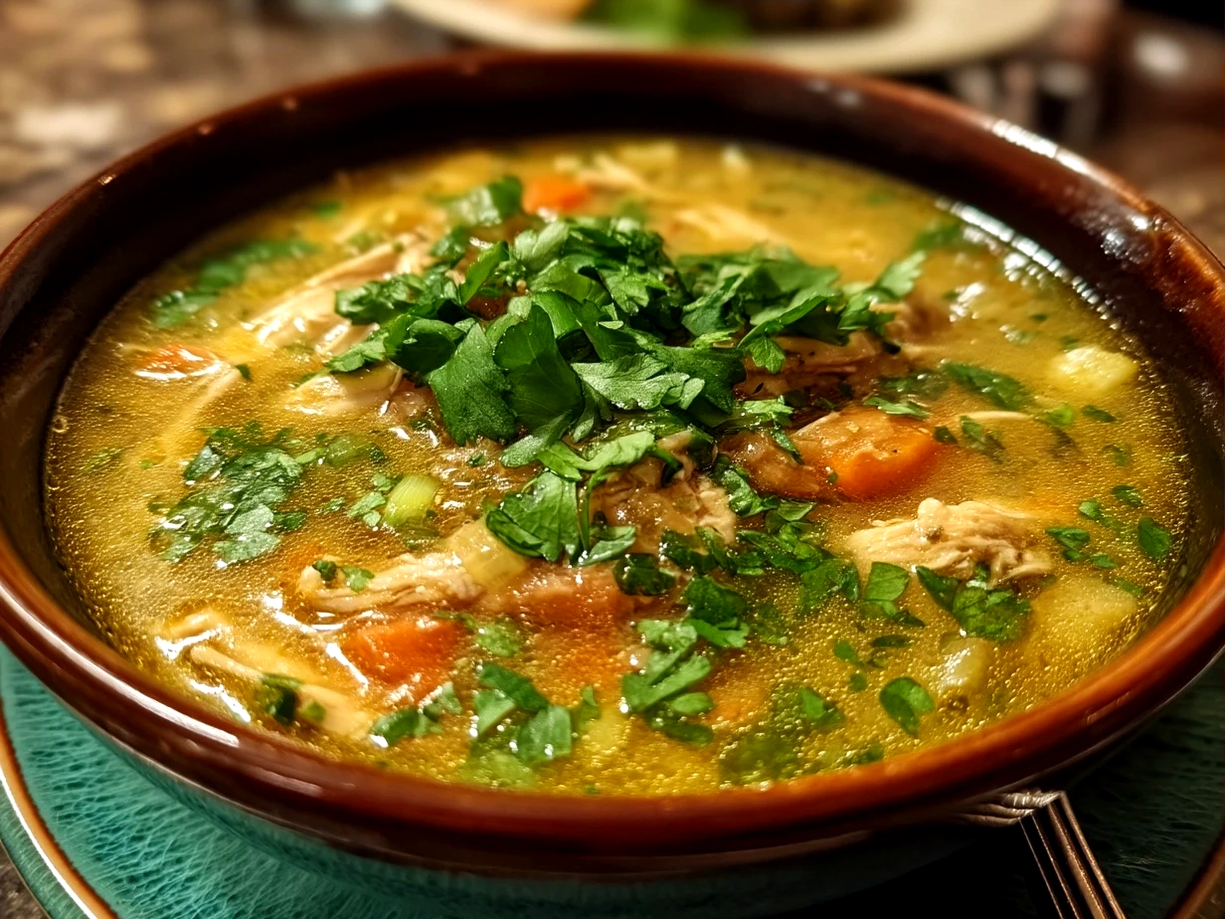 Serving of Slow Cooker Green Enchilada Chicken Soup garnished with cilantro and lime wedges