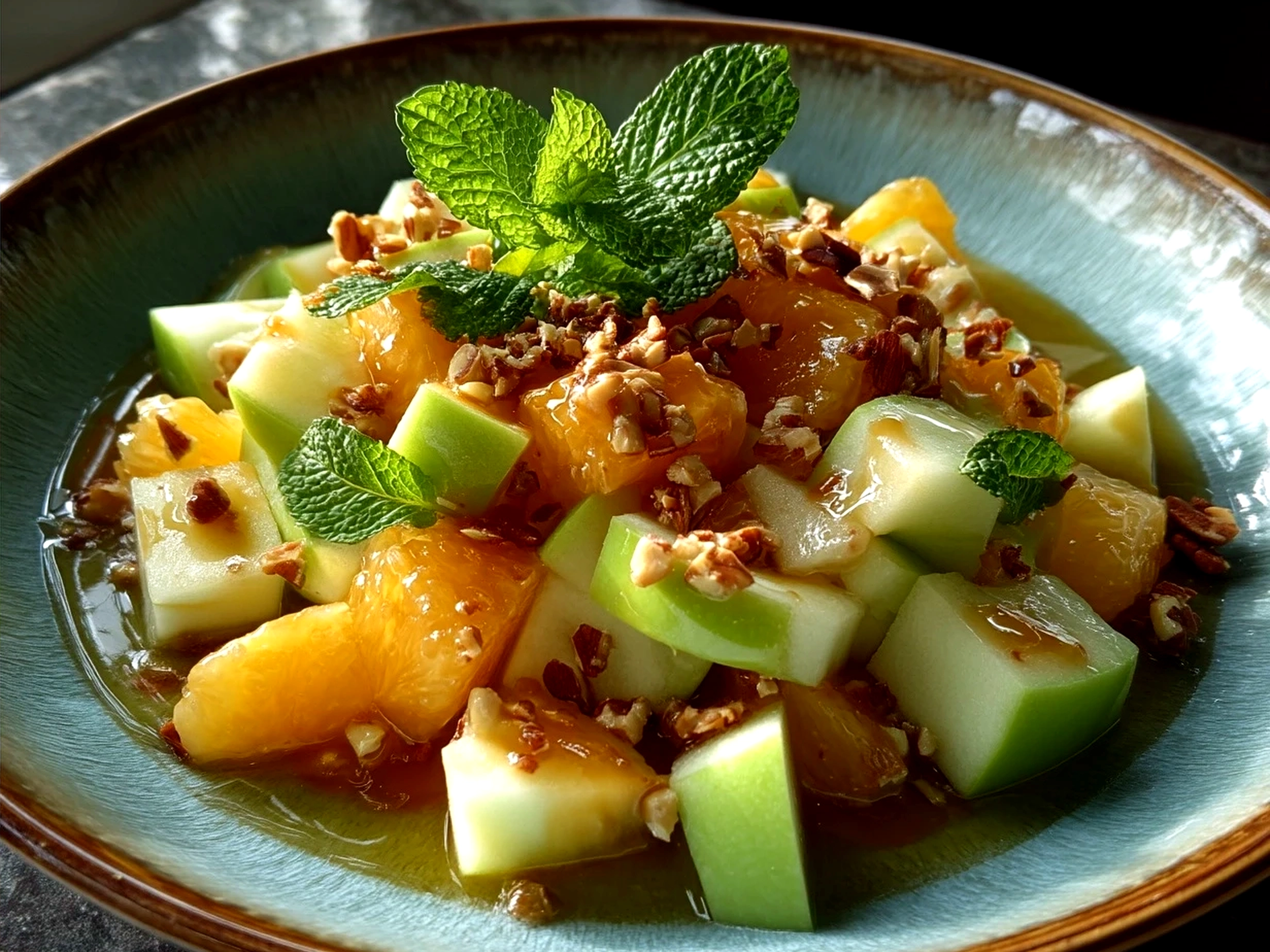 Serving bowl of Snicker Apple Salad showing layers of apples and mini Snickers pieces