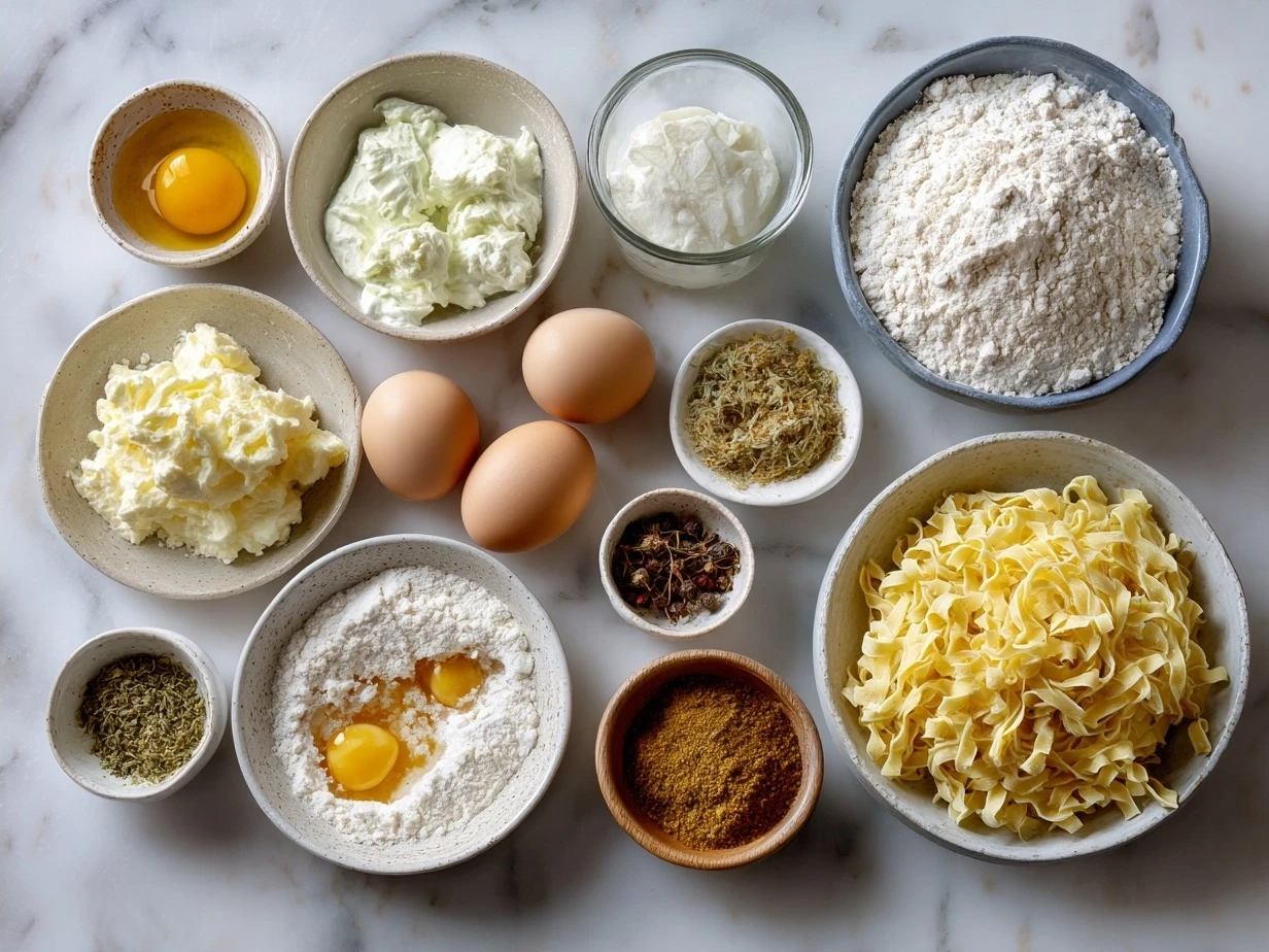 Ingredients for Sour Cream and Onion Egg Noodles including egg noodles, sour cream, onions, butter, and seasonings