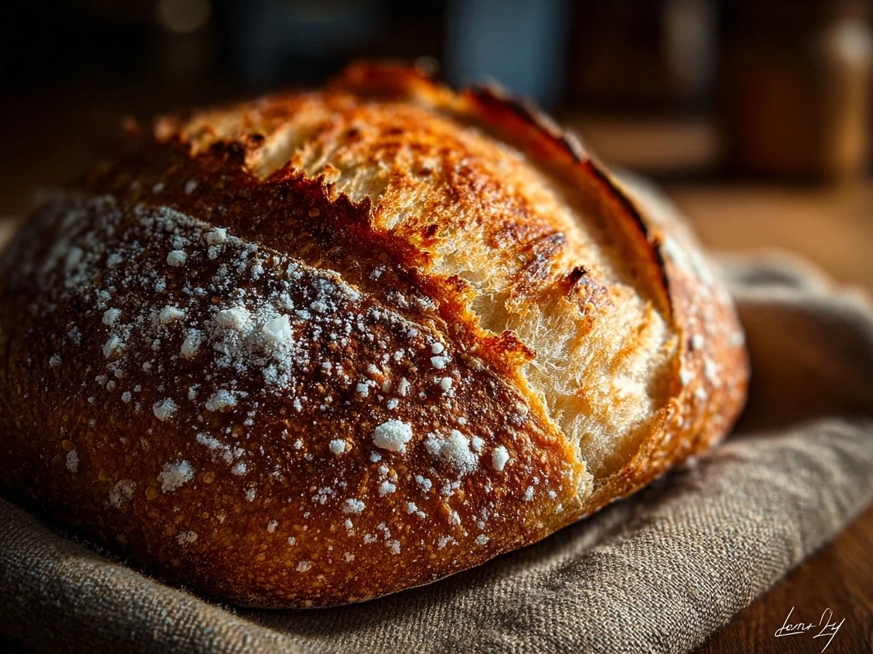 Slices of sourdough bread served warm on a basket with a linen napkin