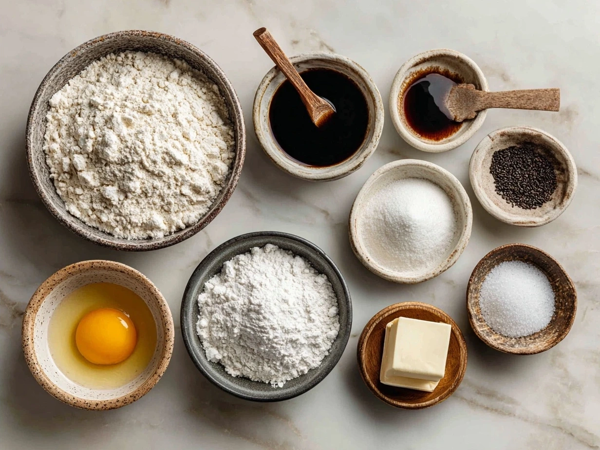Ingredients for sourdough bread including starter culture, bread flour, salt, and water