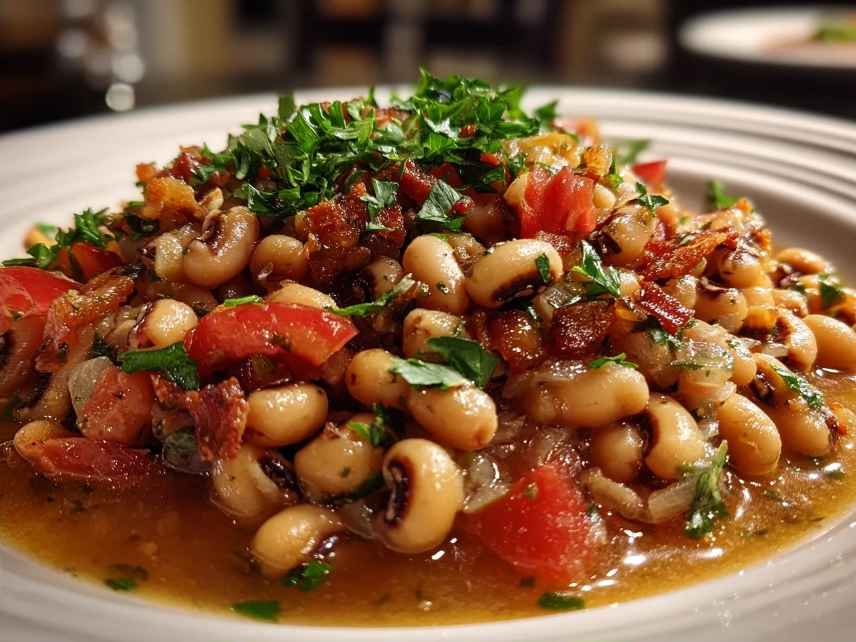 A warm bowl of Southern-Style Black-Eyed Peas served with garnish, ready to enjoy