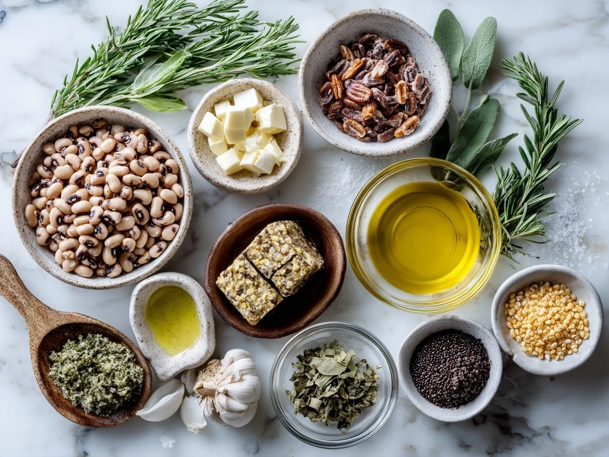 Ingredients for Southern-Style Black-Eyed Peas including dried peas, smoked ham hock, spices, and vegetables