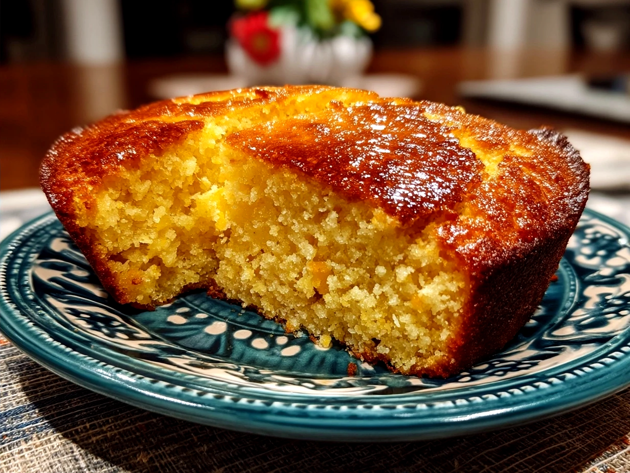 A warm slice of Southern Cornbread with honey butter served on a rustic wooden board
