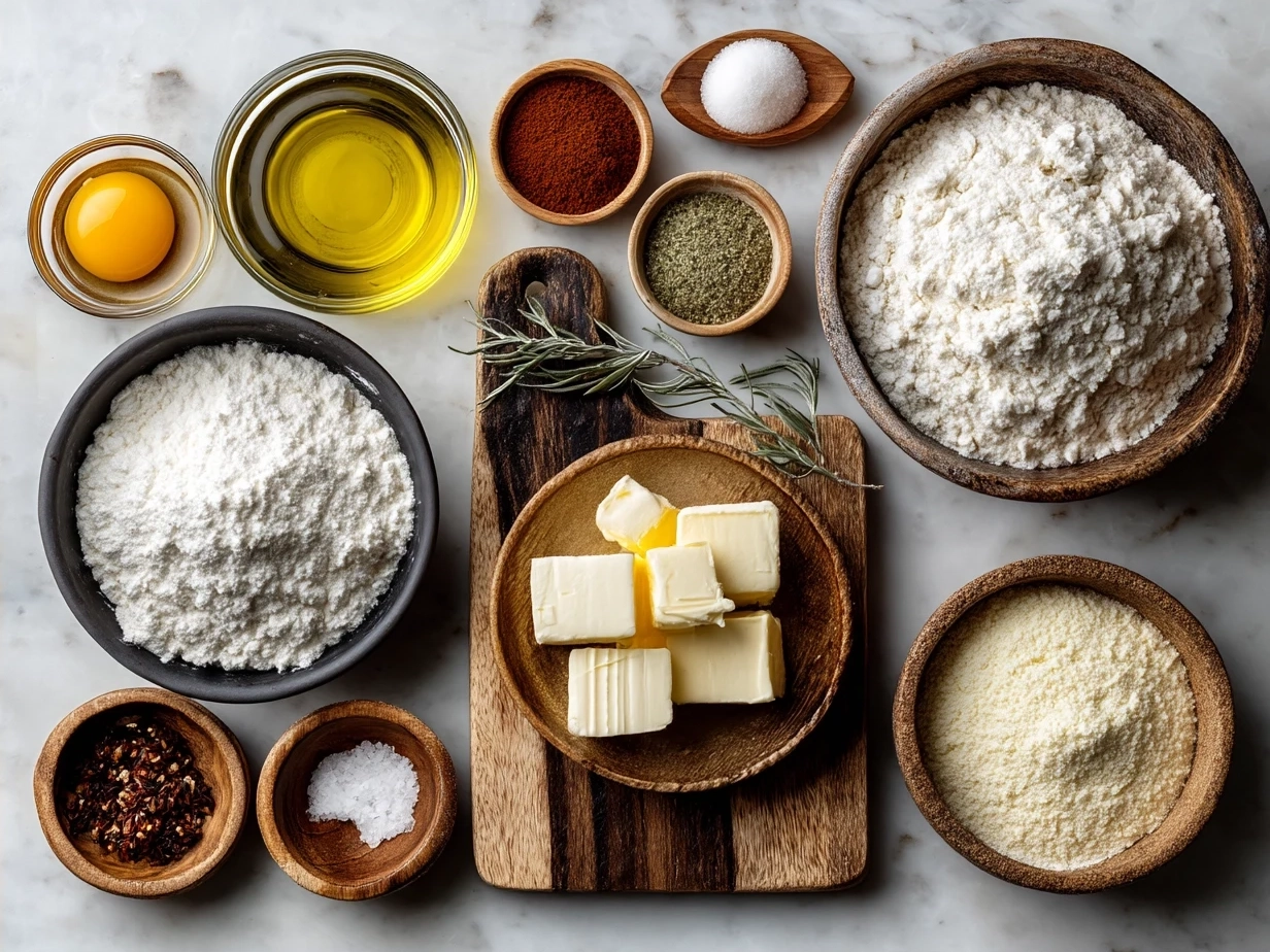 Ingredients for Southern Cornbread laid out on a rustic wooden table