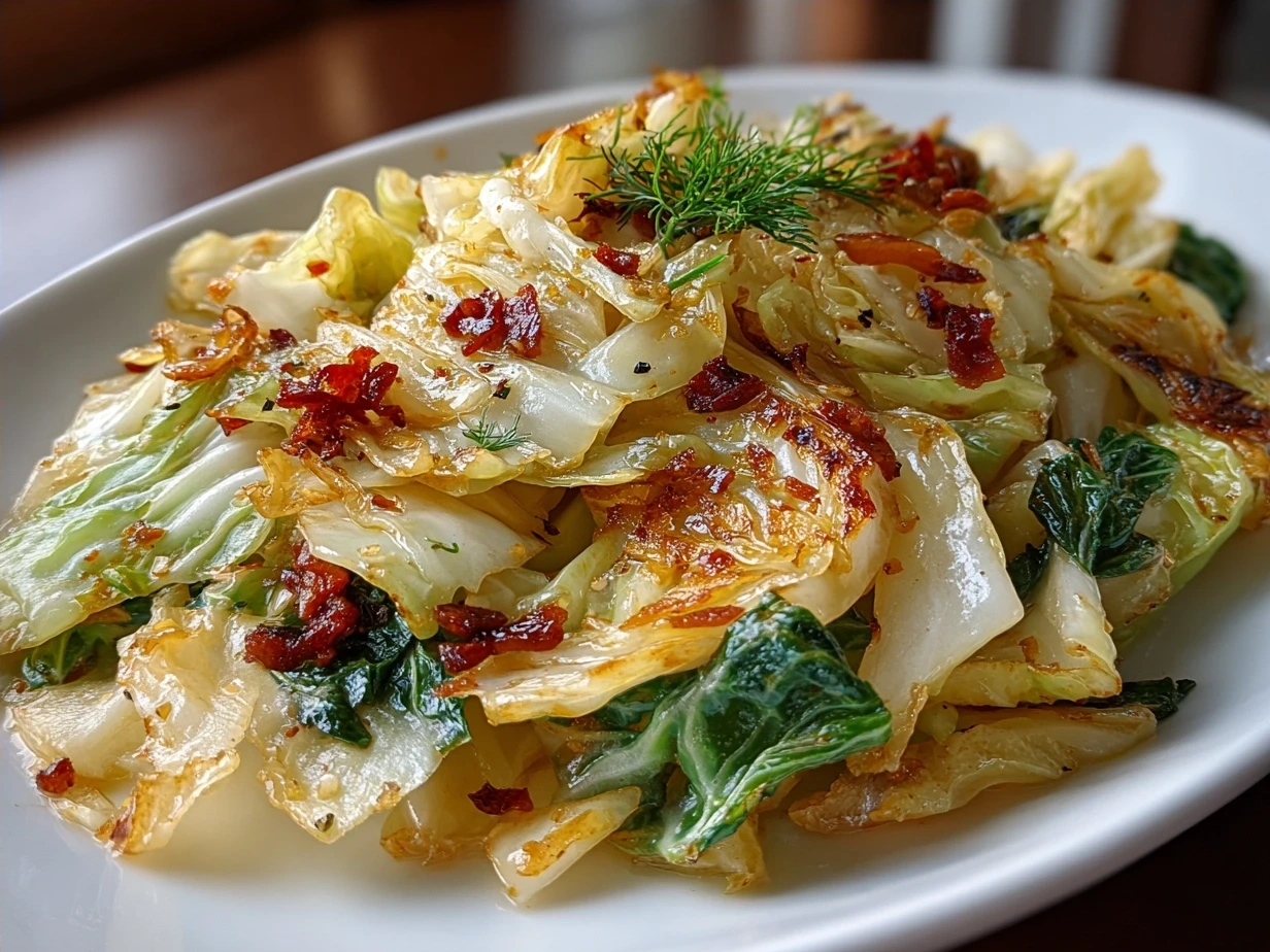 Final plated Southern Fried Cabbage dish, garnished and ready to serve