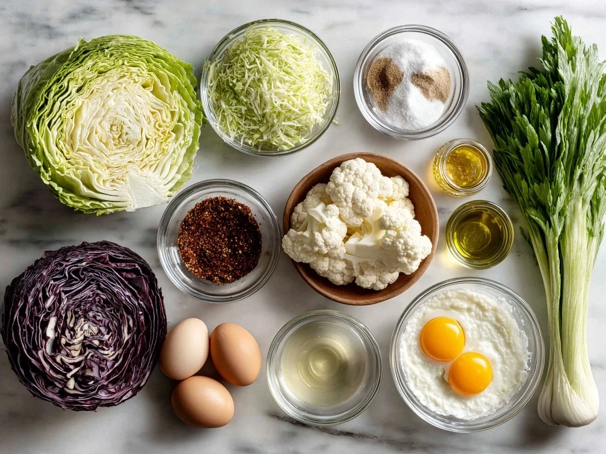 Ingredients for Southern Fried Cabbage including cabbage, bacon, onion, garlic, chicken broth, and spices