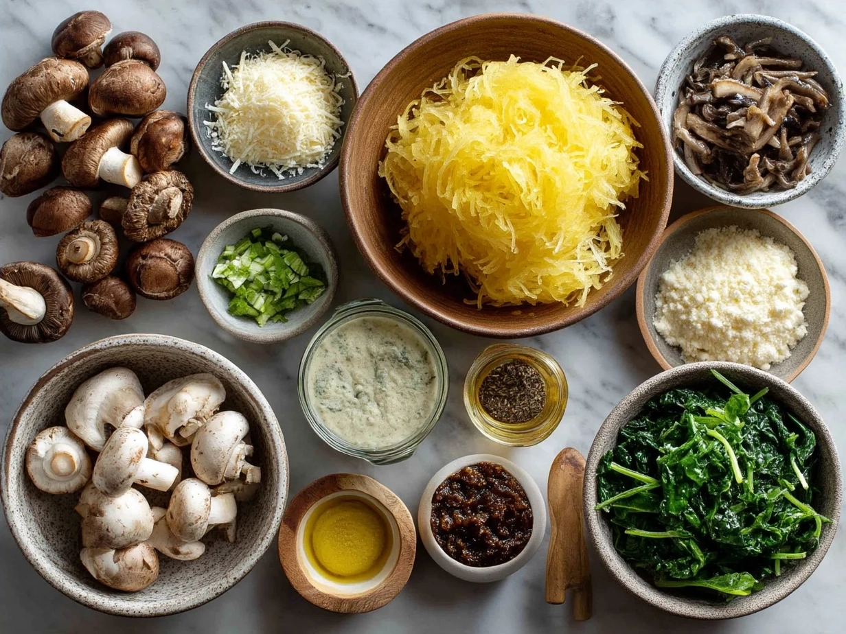 Ingredients for Spaghetti Squash with Mushroom and Spinach Cream Sauce