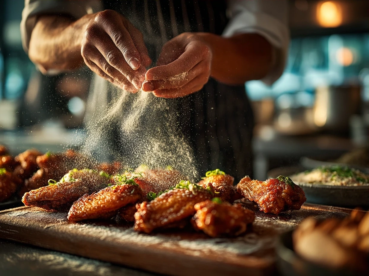 A plate of crispy Spicy Dry Rub Wings served with celery and ranch dip