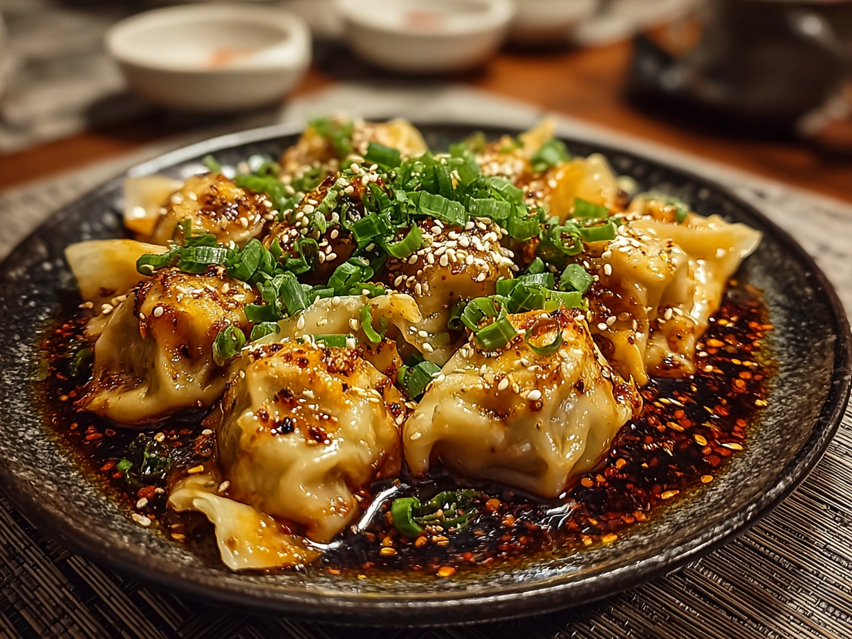 Final plated Spicy Wontons in Chilli Sauce garnished with chopped scallions and sesame seeds