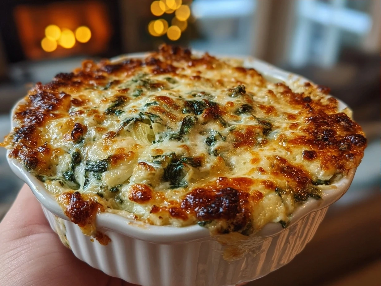 Baked warm creamy spinach artichoke dip ready to serve in a rustic skillet