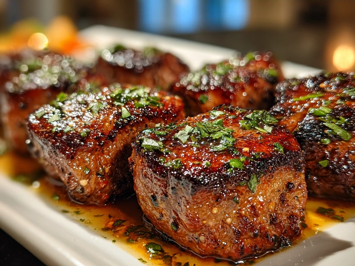 Plated steak bites garnished with fresh parsley, served with sides