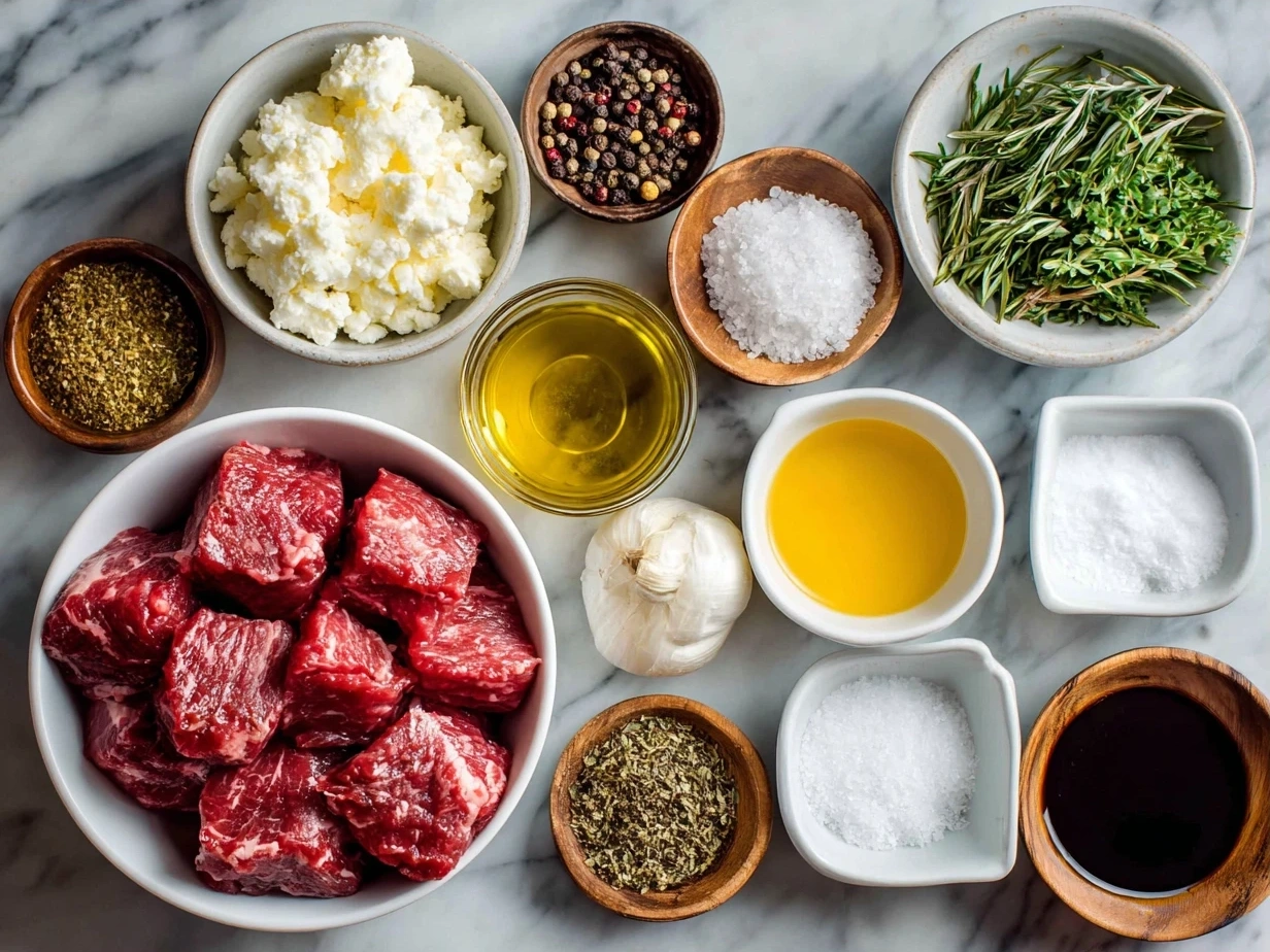 Ingredients for making steak bites with garlic, butter, olive oil, and fresh herbs