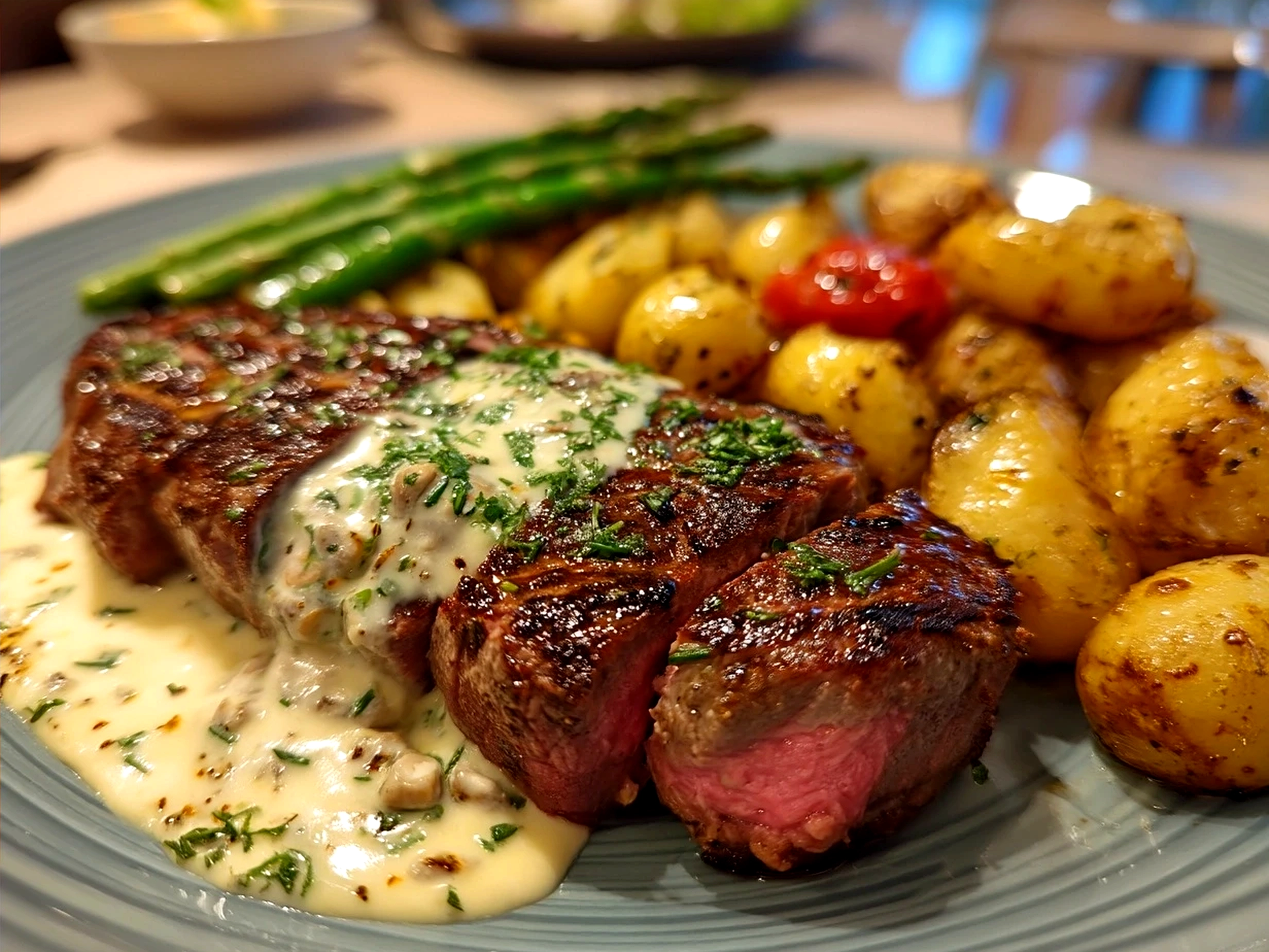 A delicious serving of Steak with Garlic Cream Sauce accompanied by mashed potatoes and green beans