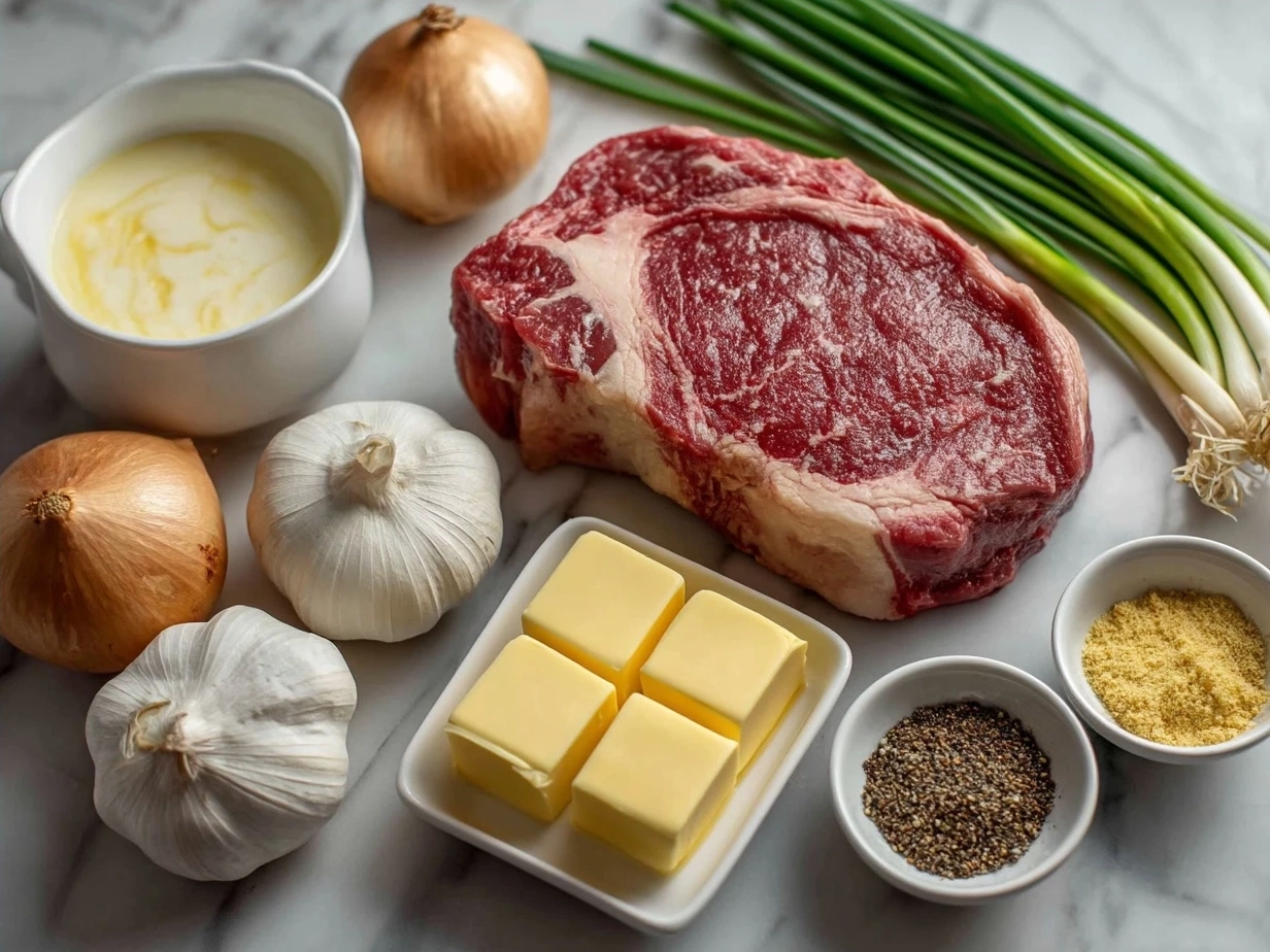 Ingredients for Steak with Garlic Cream Sauce including steaks, butter, garlic, cream, thyme, salt, pepper, and olive oil