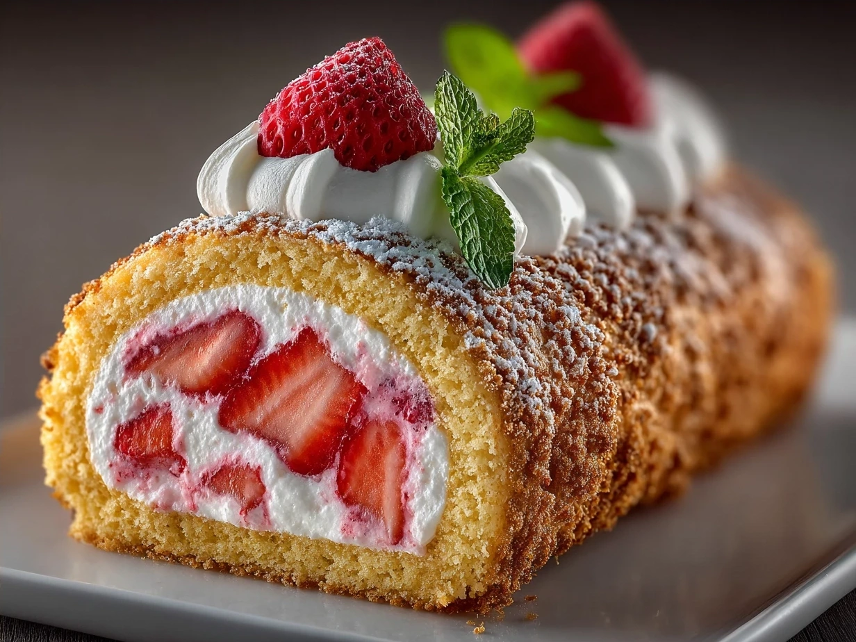 Beautifully sliced Strawberry Cream Cake Roll displaying fresh strawberries and cream swirl