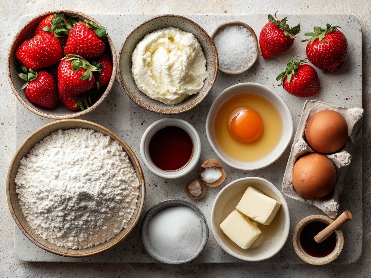 Ingredients for Strawberry Cream Cake Roll including eggs, sugar, flour, cream, and fresh strawberries