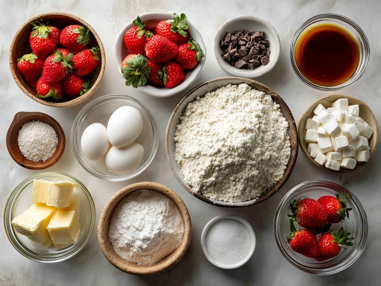 Ingredients for Strawberry Crunch Cookies laid out on a kitchen table