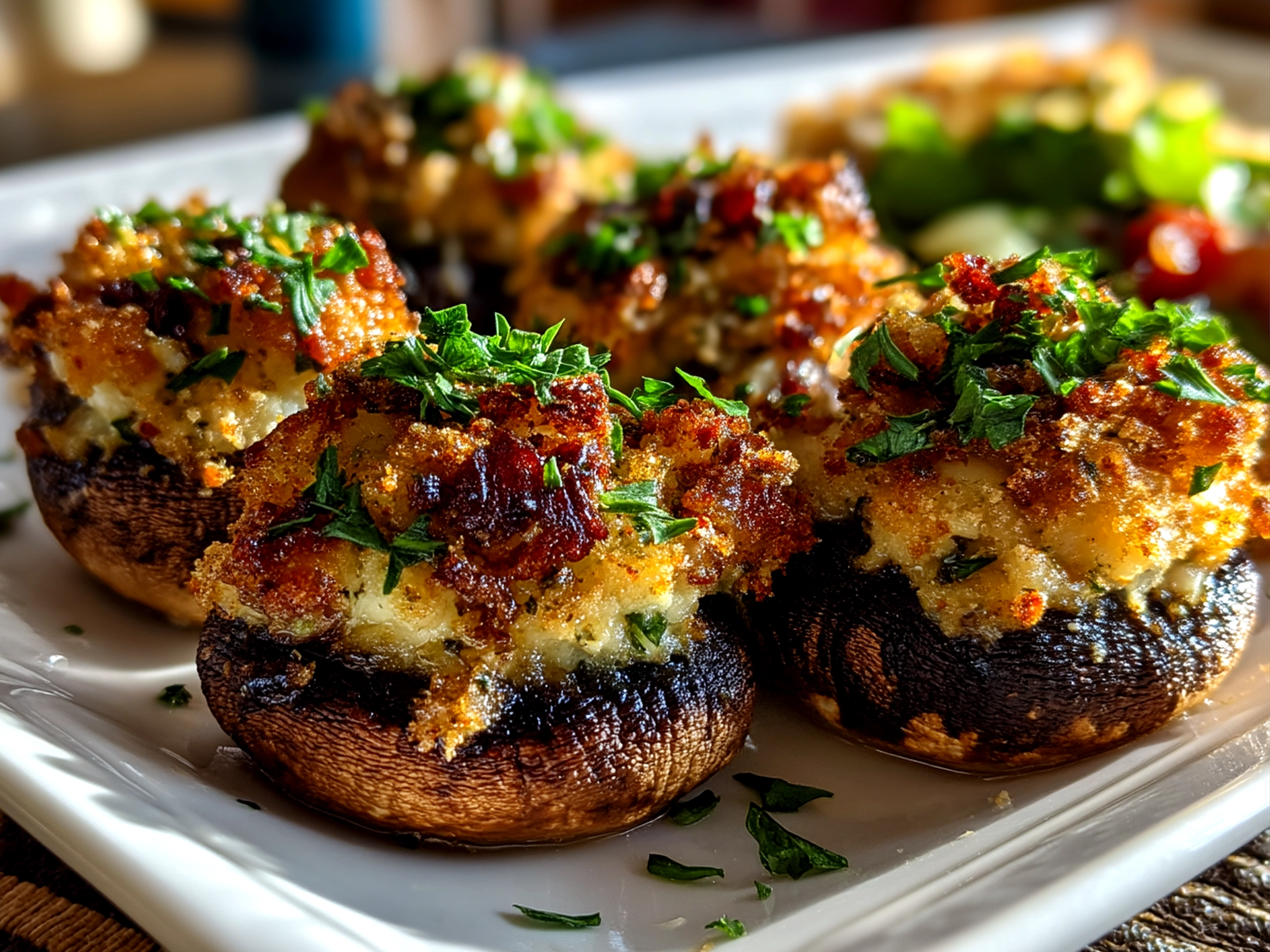 Served stuffed mushrooms garnished with fresh parsley on a wooden board