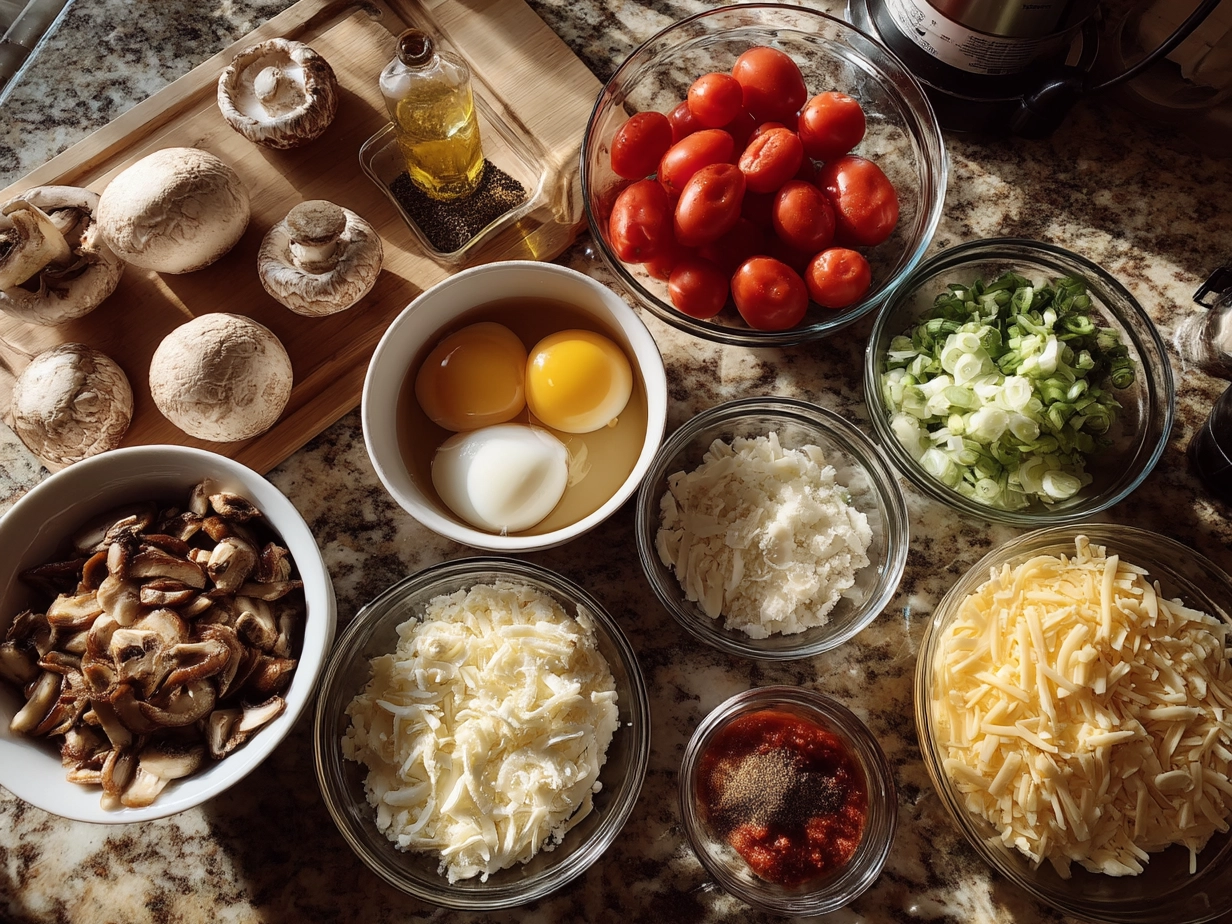 Ingredients for stuffed mushrooms including mushrooms, cream cheese, Parmesan, mozzarella, garlic, butter, parsley, olive oil, breadcrumbs, salt, and pepper