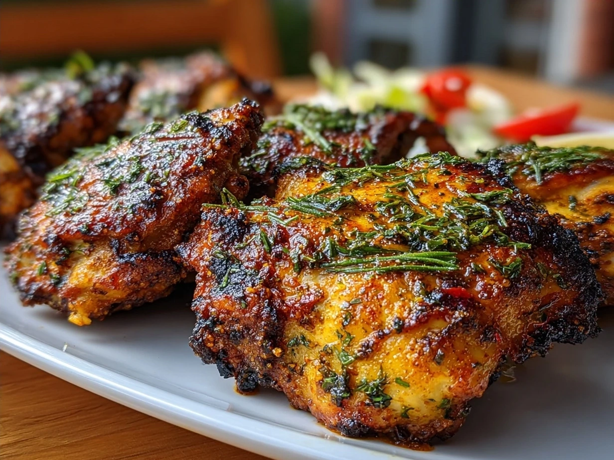 Served Suya Spiced Grilled Chicken Thighs on a platter with side salad