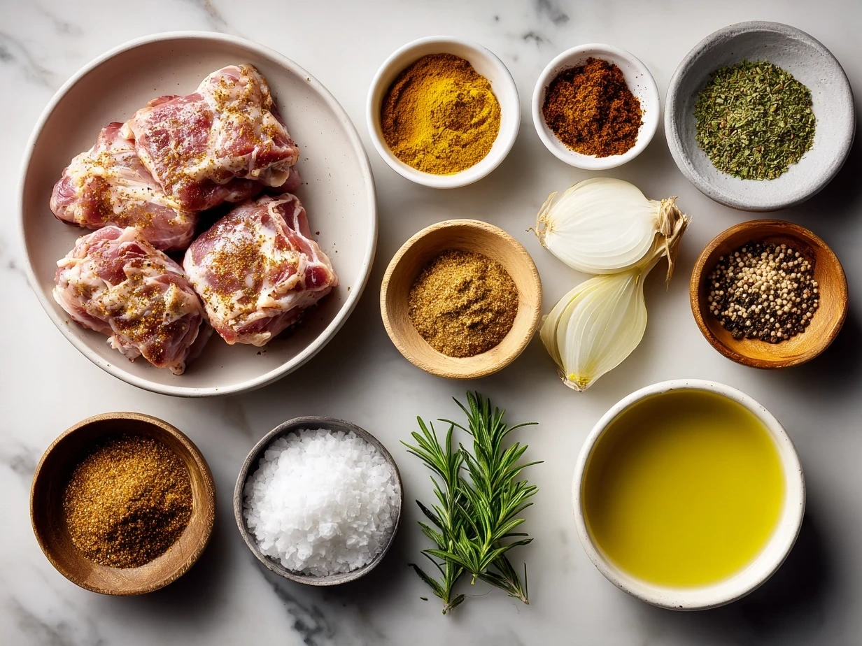 Ingredients for Suya Spiced Grilled Chicken Thighs laid out neatly