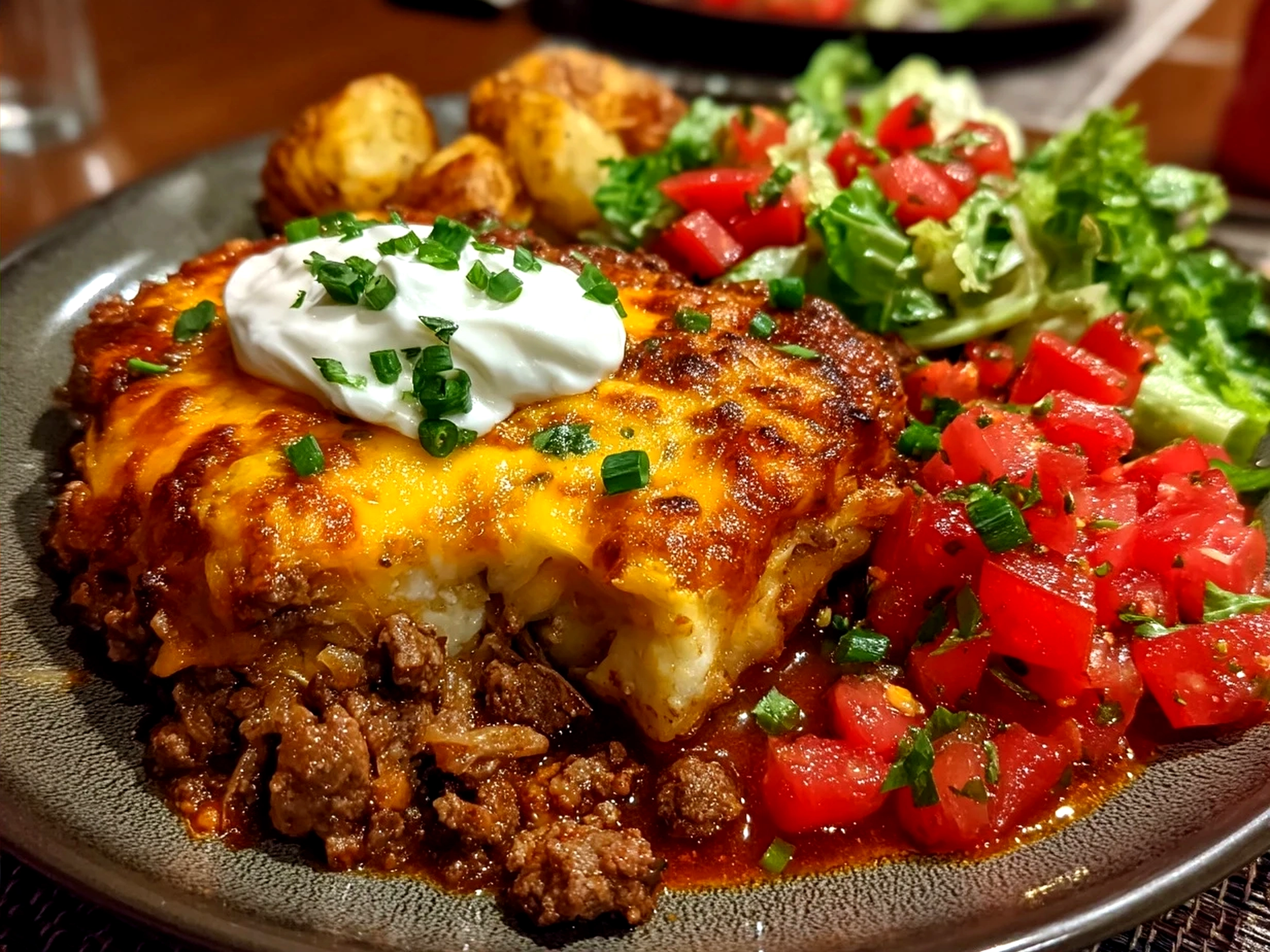 Taco casserole served in a dish with melted cheese, sour cream, jalapeños, and fresh cilantro