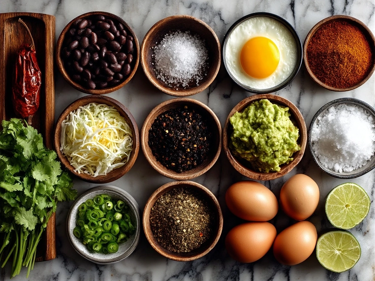 Ingredients laid out for taco casserole including ground beef, spices, beans, corn, cheese, salsa, and tortilla chips