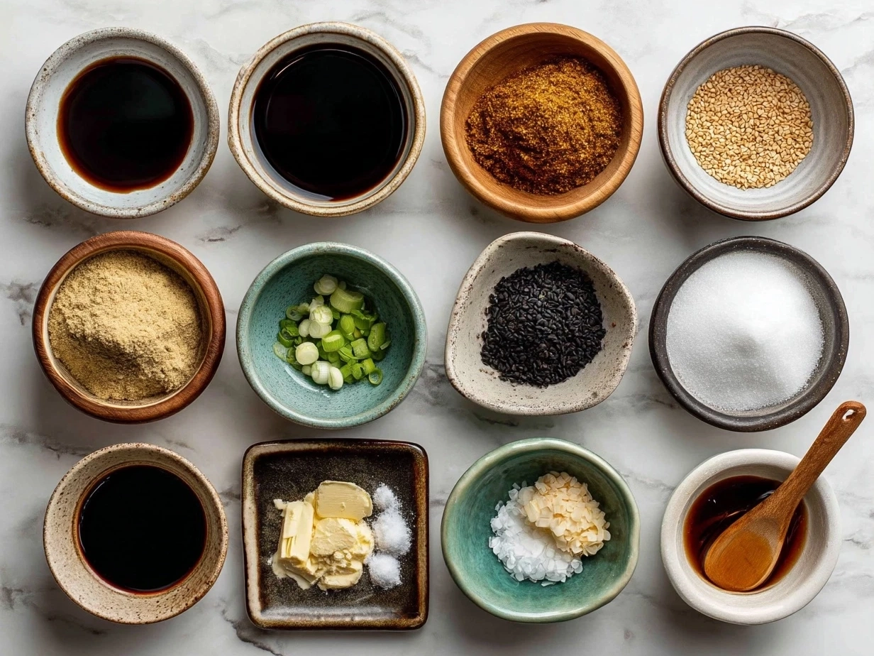 Ingredients for homemade Teriyaki Sauce including soy sauce, mirin, sake, brown sugar, garlic, ginger, cornstarch, and water