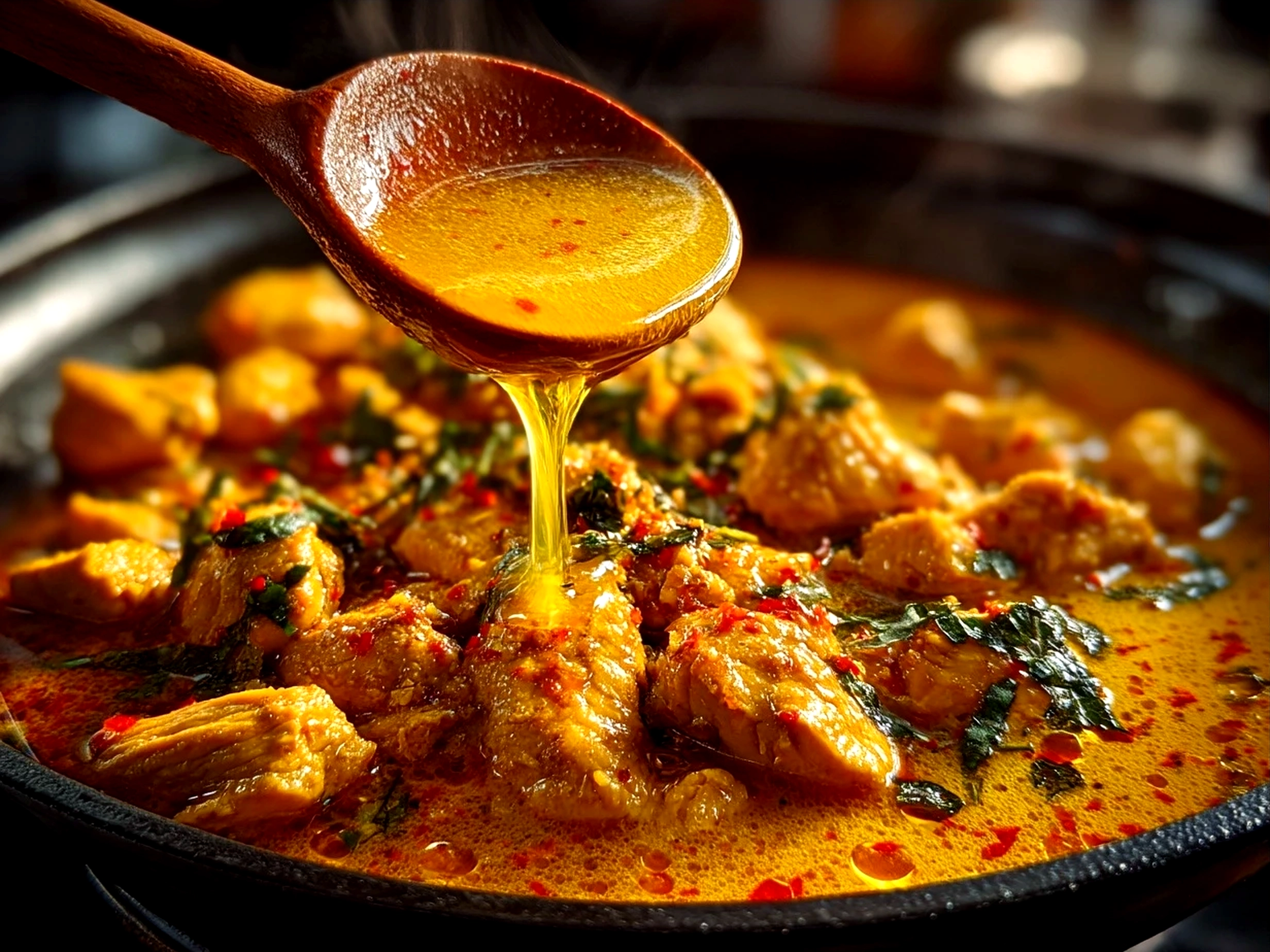 Serving bowl of Thai Chicken Coconut Curry garnished with fresh herbs and lime
