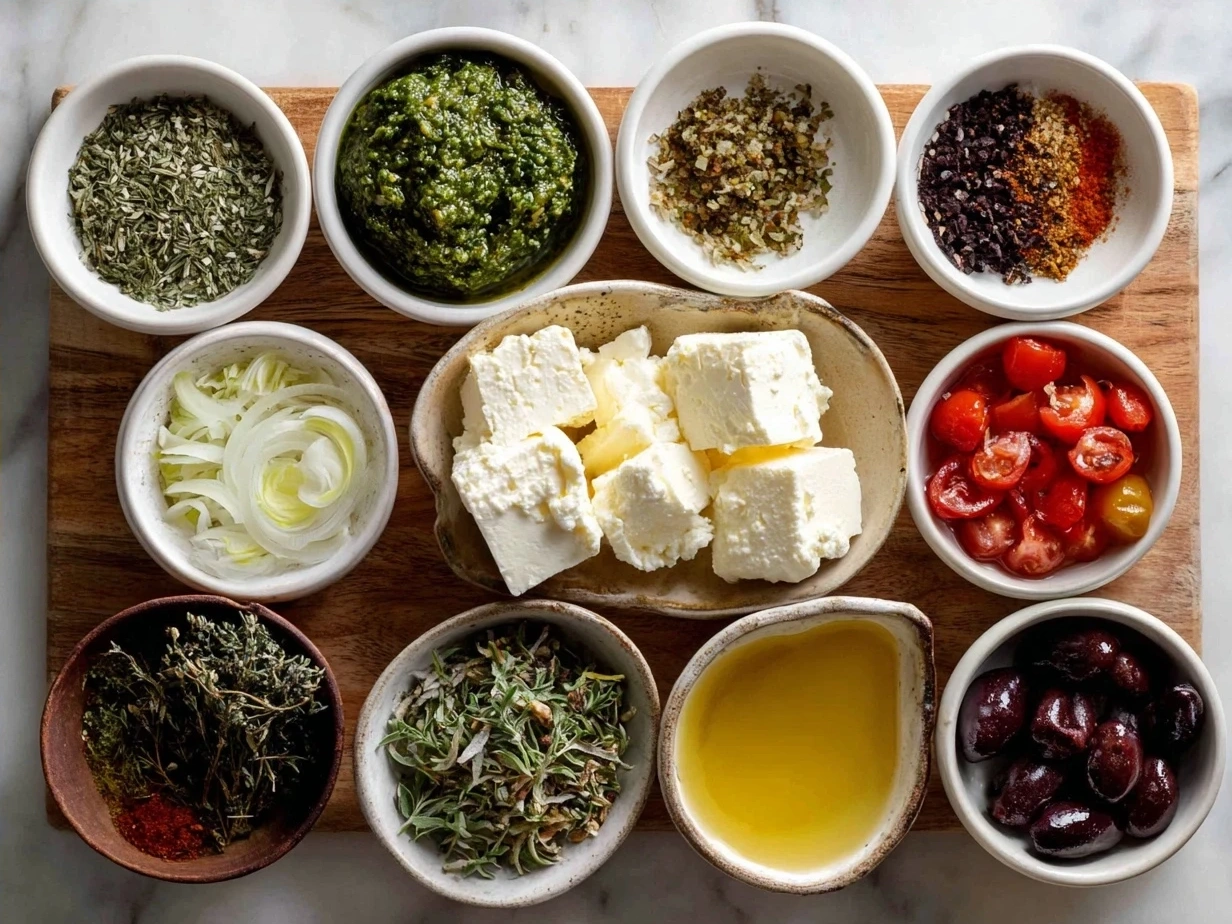 Ingredients for TikTok Baked Feta Pasta with Pesto including feta block, cherry tomatoes, pesto, and pasta