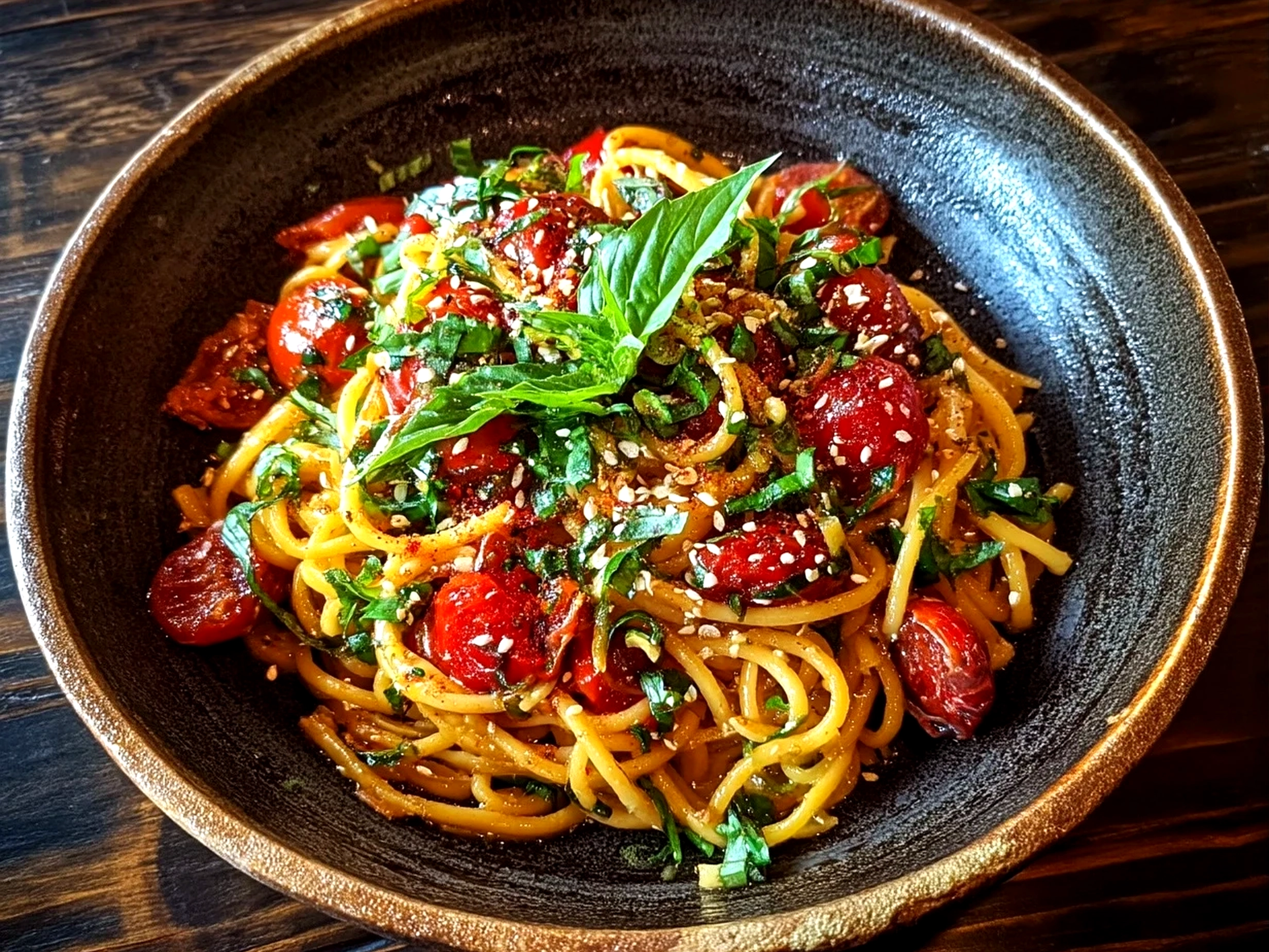 A serving of Tomato Garlic Pasta garnished with fresh basil and grated Parmesan cheese