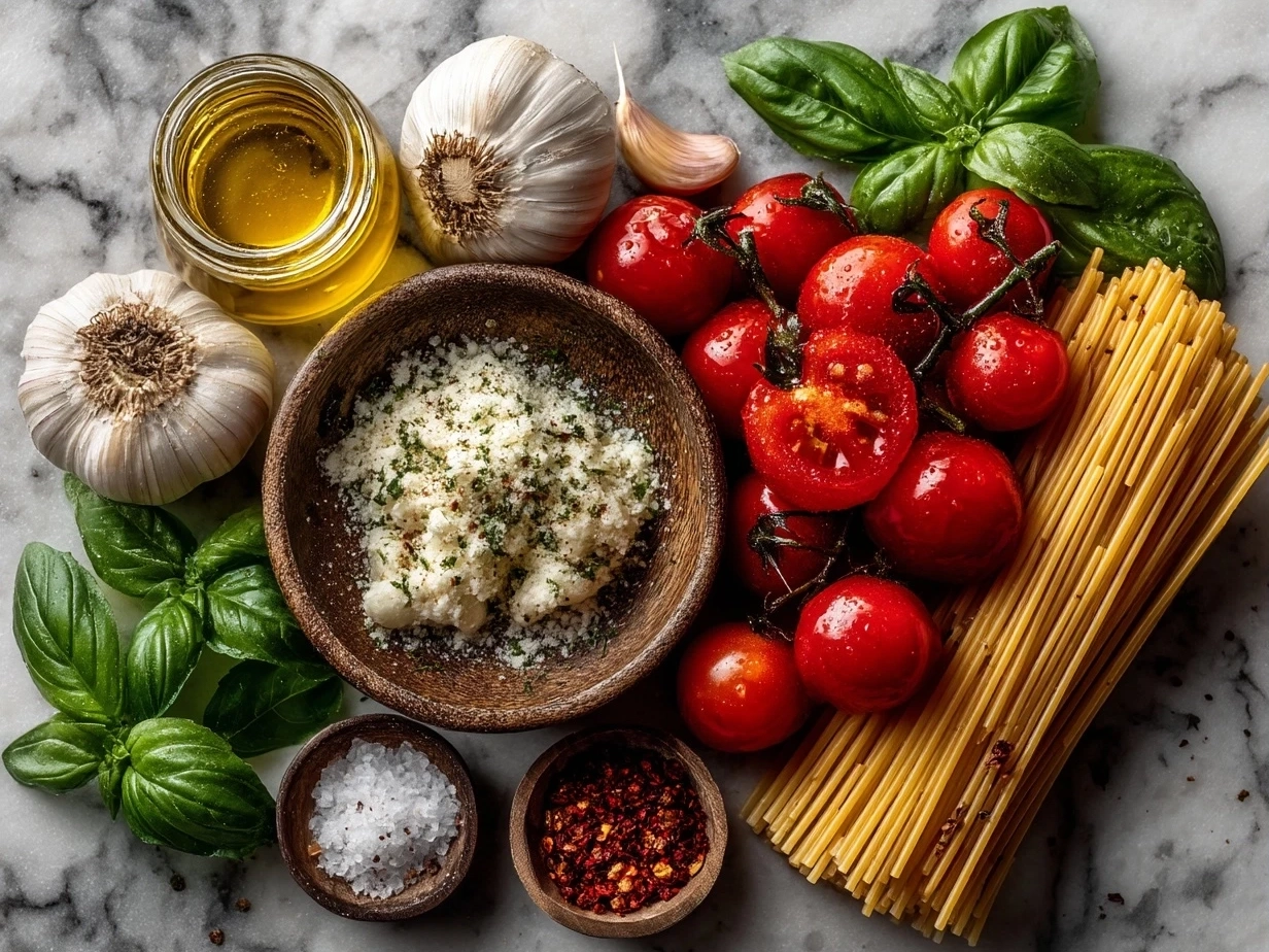 Ingredients for Tomato Garlic Pasta including fresh tomatoes, garlic cloves, olive oil, spaghetti, basil, and Parmesan cheese