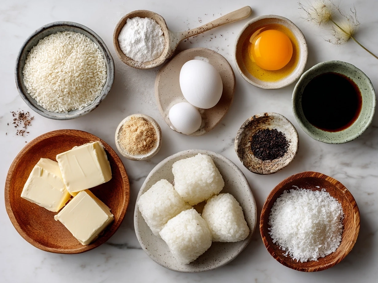 Ingredients arranged for Easy Yaki Onigiri: Japanese short-grain rice, soy sauce, mirin, sugar, oils and optional fillings