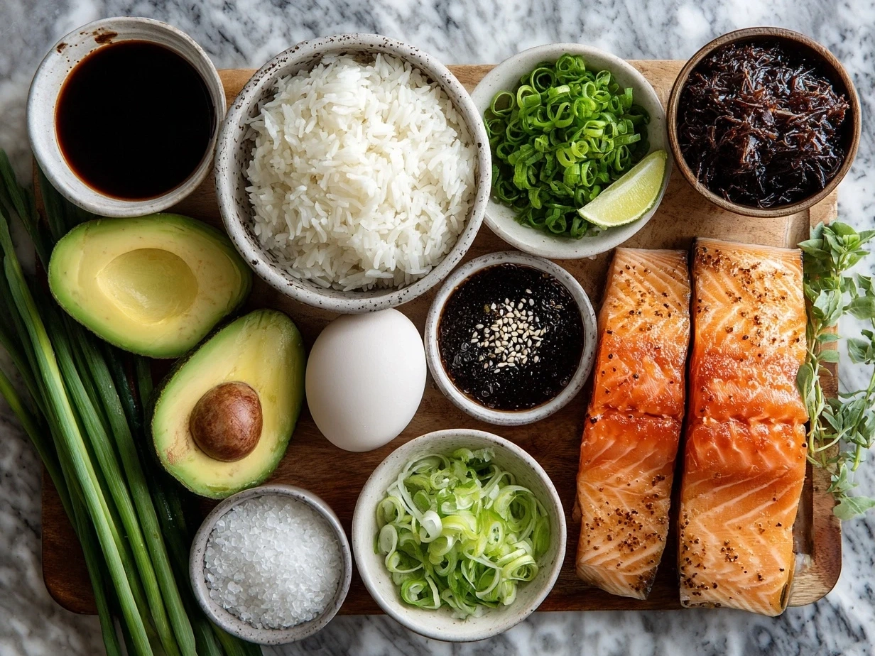 Ingredients for Teriyaki Salmon Avocado Rice laid out on a table including salmon fillets, avocado, soy sauce, mirin, garlic, and sesame seeds