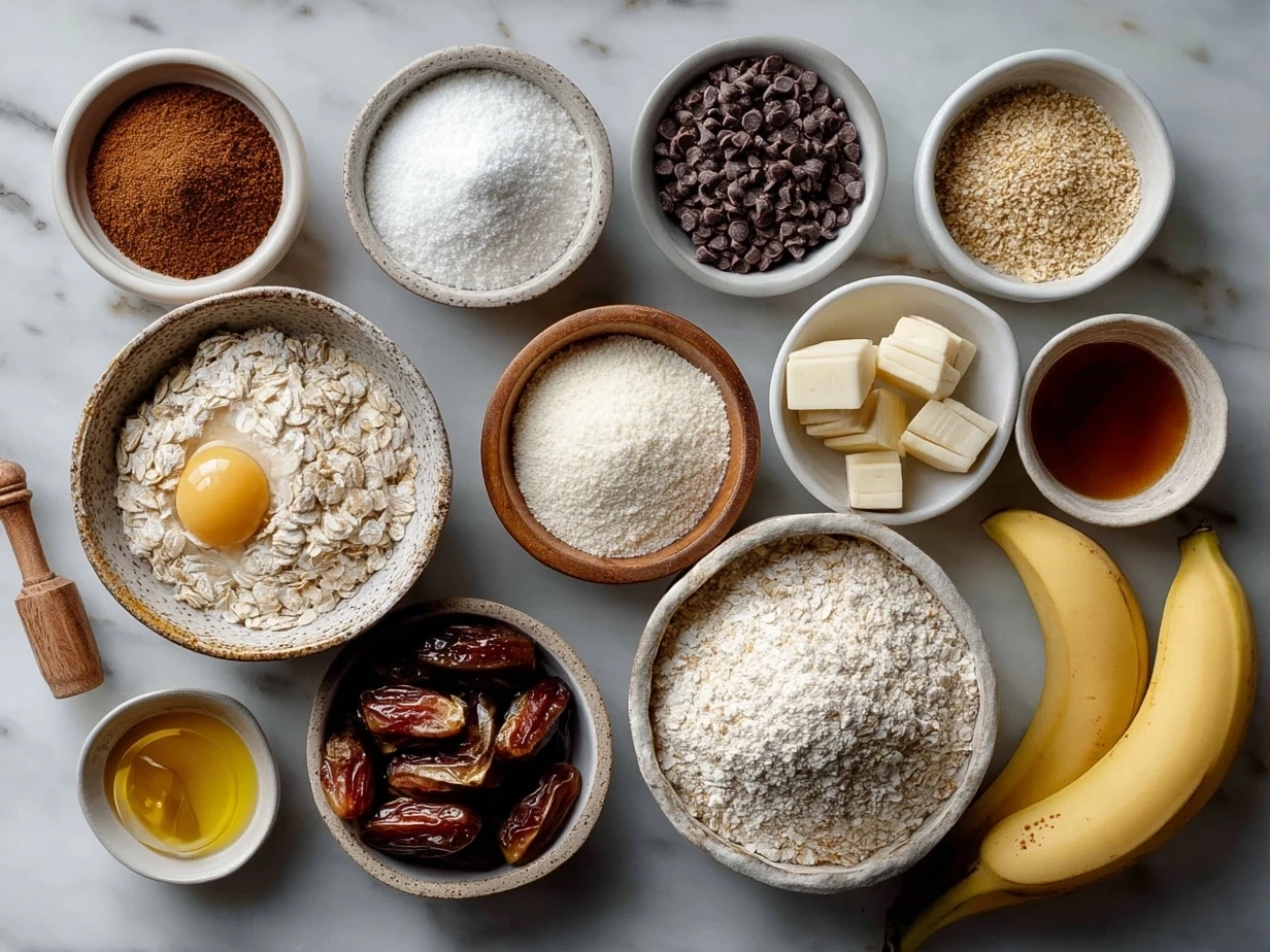 Raw ingredients for banana oatmeal bars on a marble surface