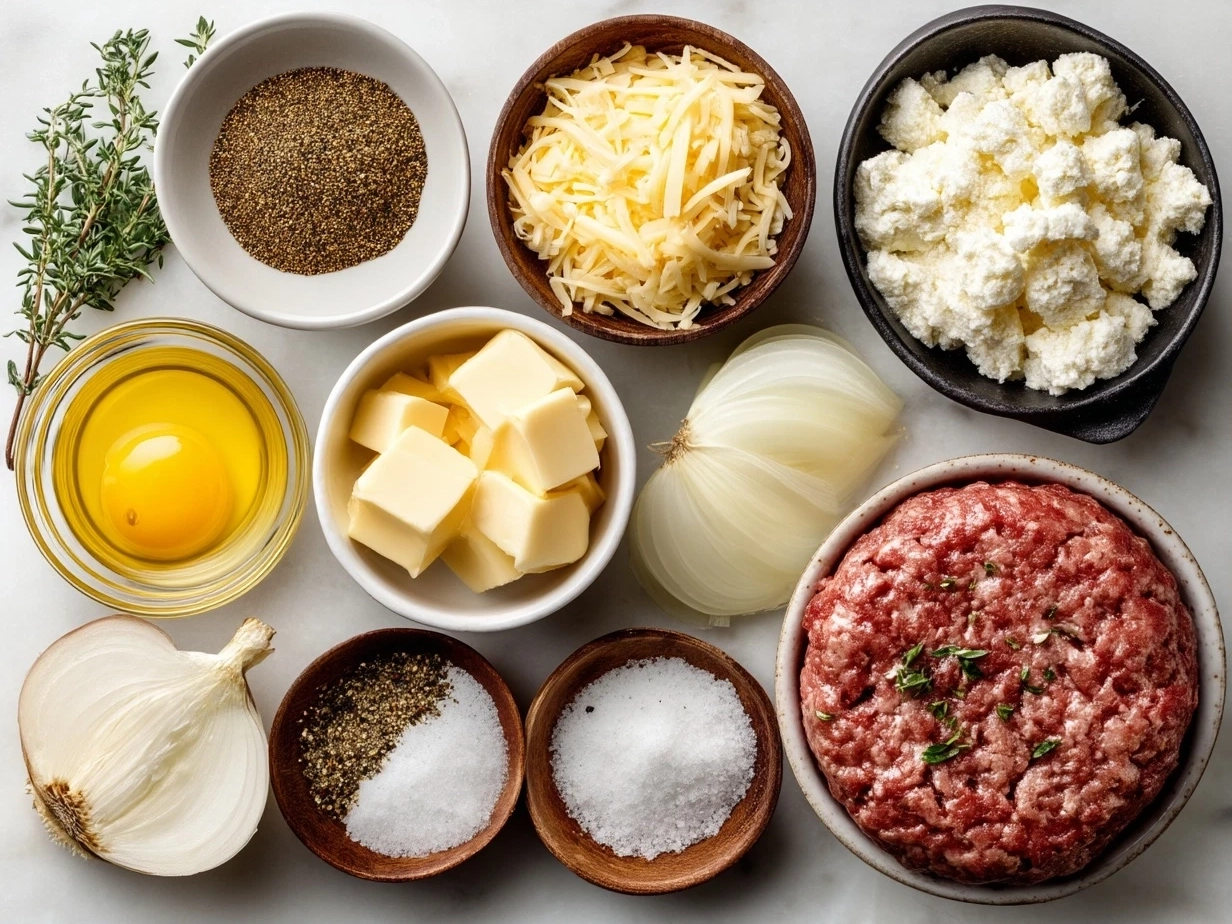 Top down image of raw ingredients for cheeseburger baked on marble countertop.