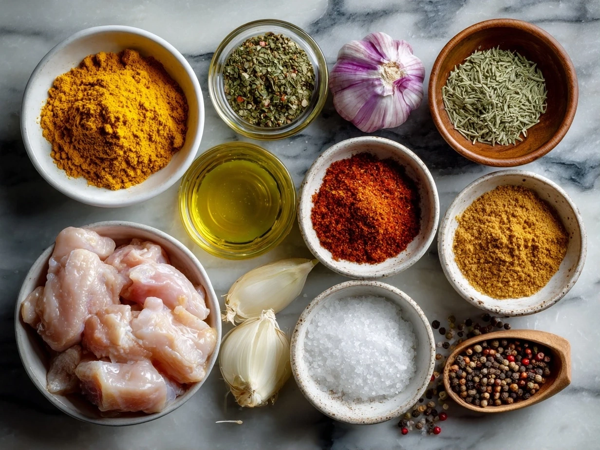 Top down view of raw ingredients for slow cooker chicken korma including spices, chicken, coconut milk, and onion