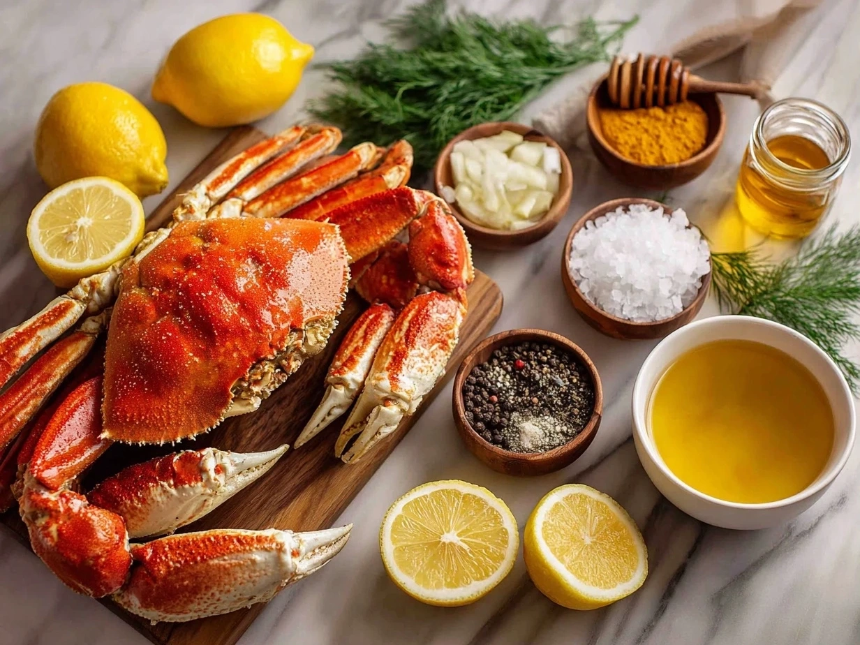 Top down view of raw crab legs, potatoes, corn, and seasonings laid out for a crab boil on marble surface