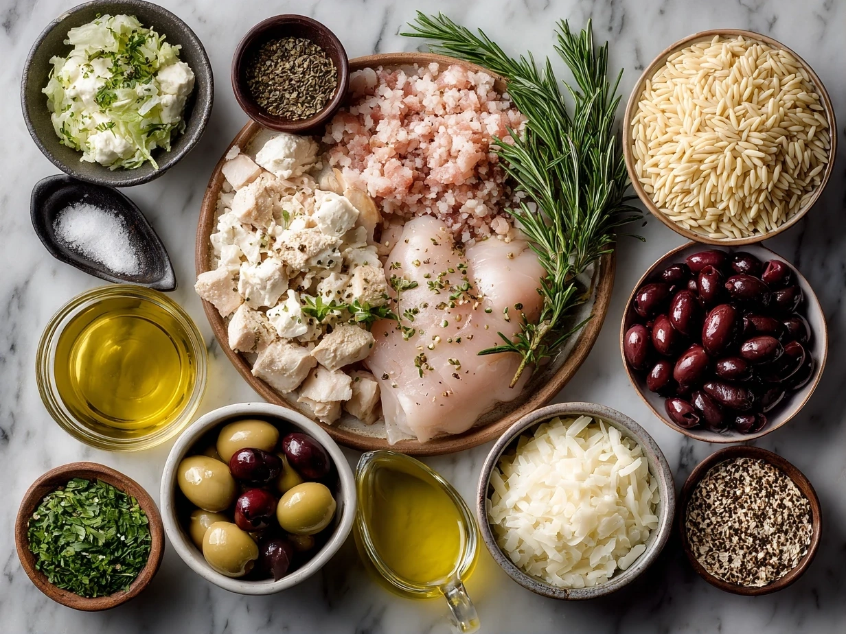 Top-down view of raw Mediterranean Chicken and Orzo ingredients on marble surface