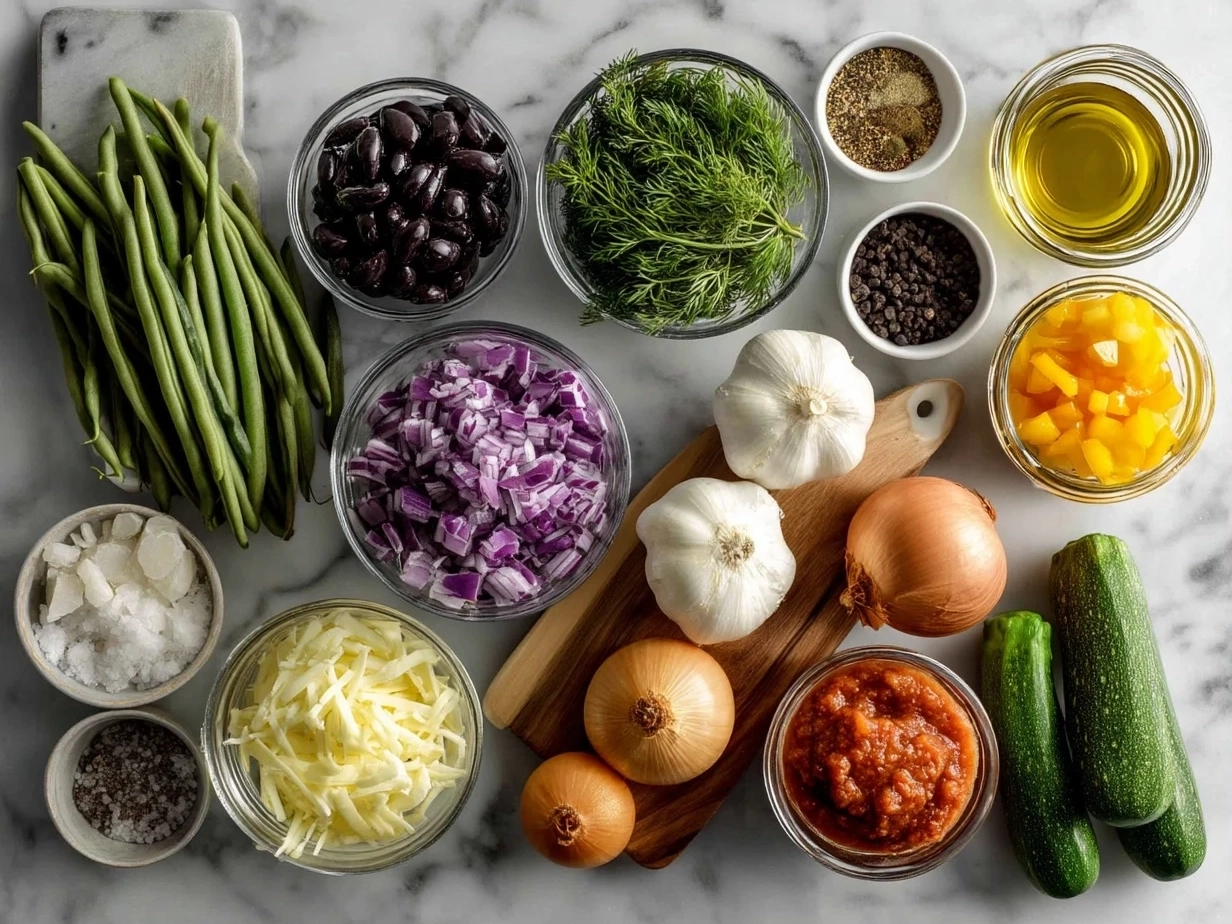 Top-down view of raw ingredients for Minestrone Soup arranged on a marble surface