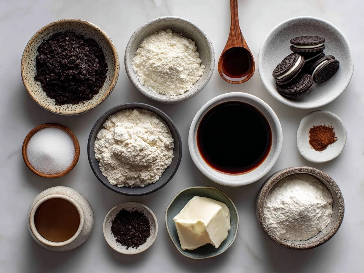 Raw ingredients for Oreo Cheesecake on marble counter with Oreo cookies, cream cheese, sugar, butter, and heavy cream arranged