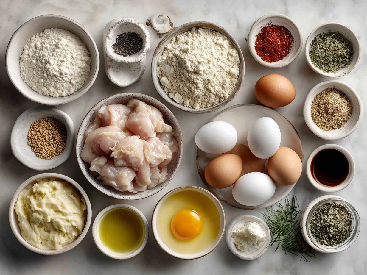 Raw ingredients for poppy seed chicken casserole including cooked chicken, egg noodles, cream of chicken soup, sour cream, mayonnaise, cheddar cheese, seasonings, crackers, poppy seeds and butter