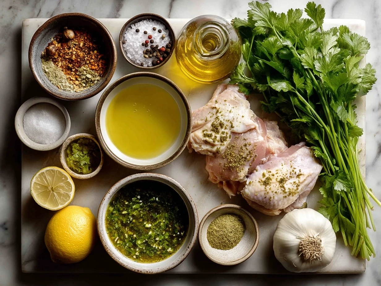 Top-down view of raw ingredients for salsa verde chicken on a marble surface